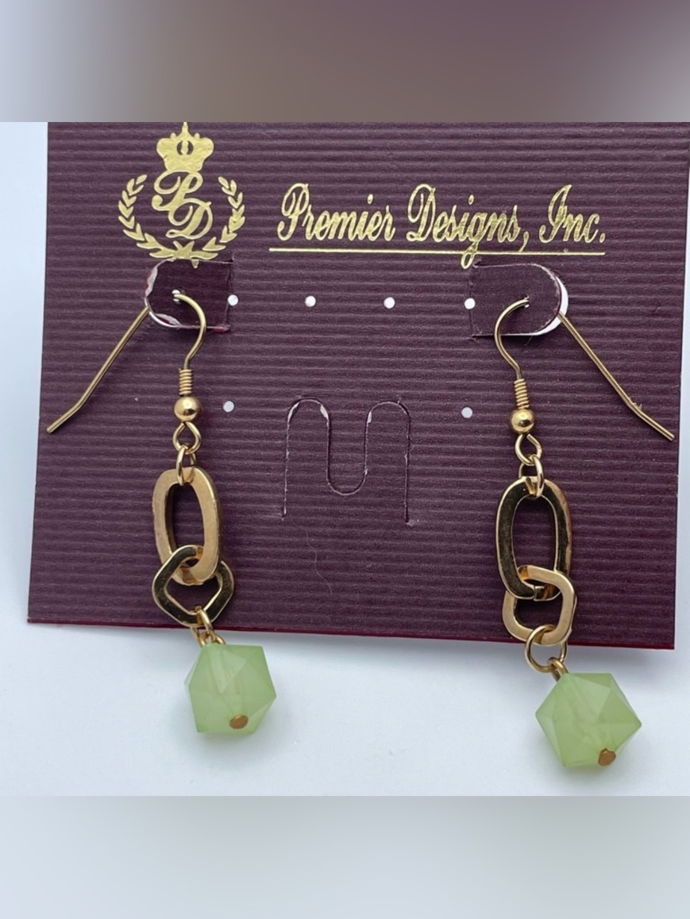 Premier Designs “With It” Gold Dangle Earrings with Green Beads